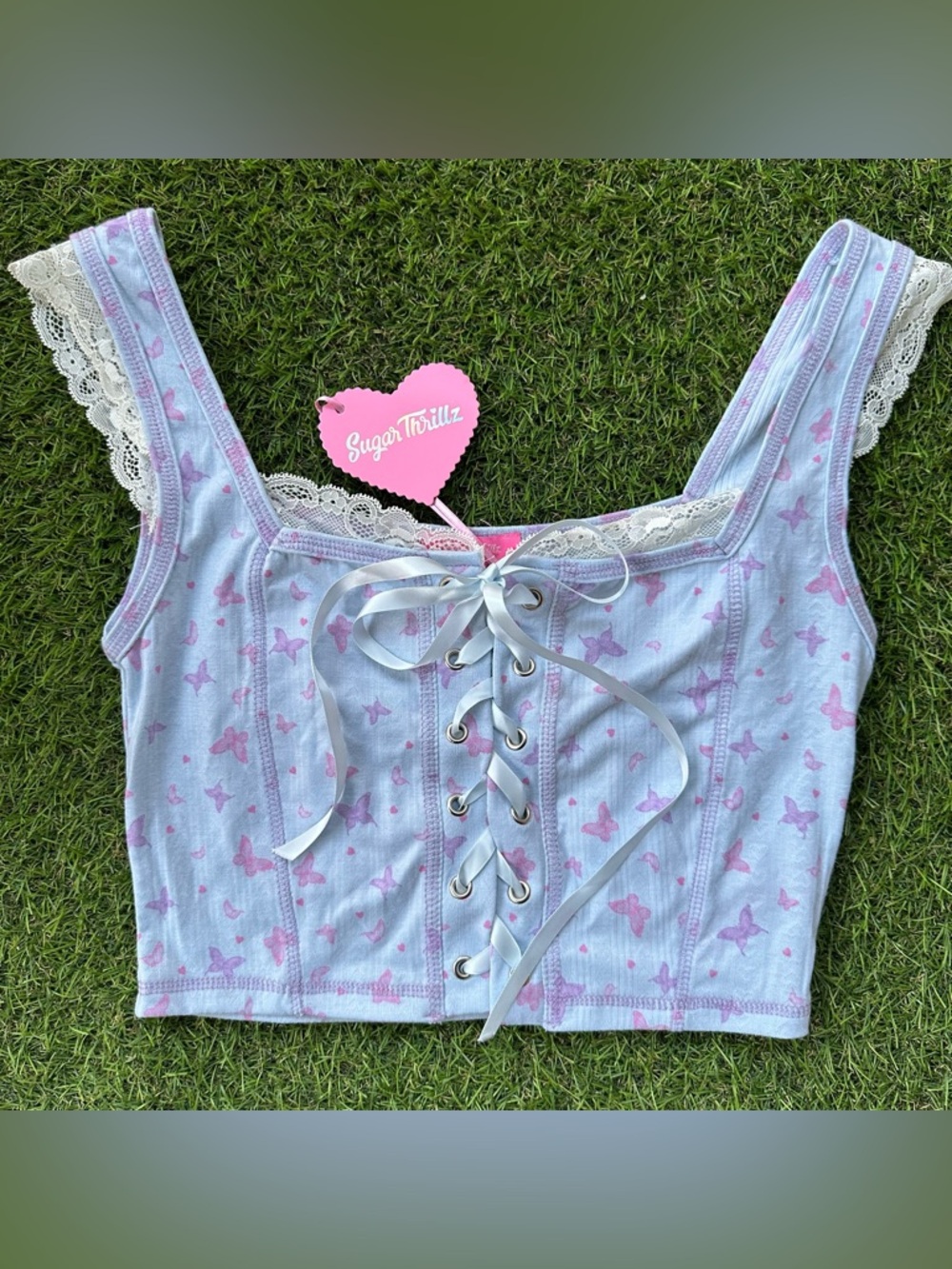 Dolls Kill Butterfly Lace-Up Crop Top